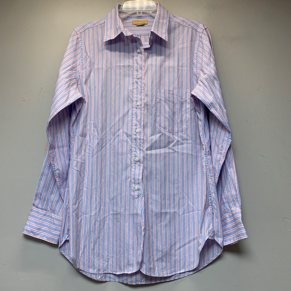 Ann Mashburn Popover Shirt Women Large Blue Pink Striped Excellent Cotton Top